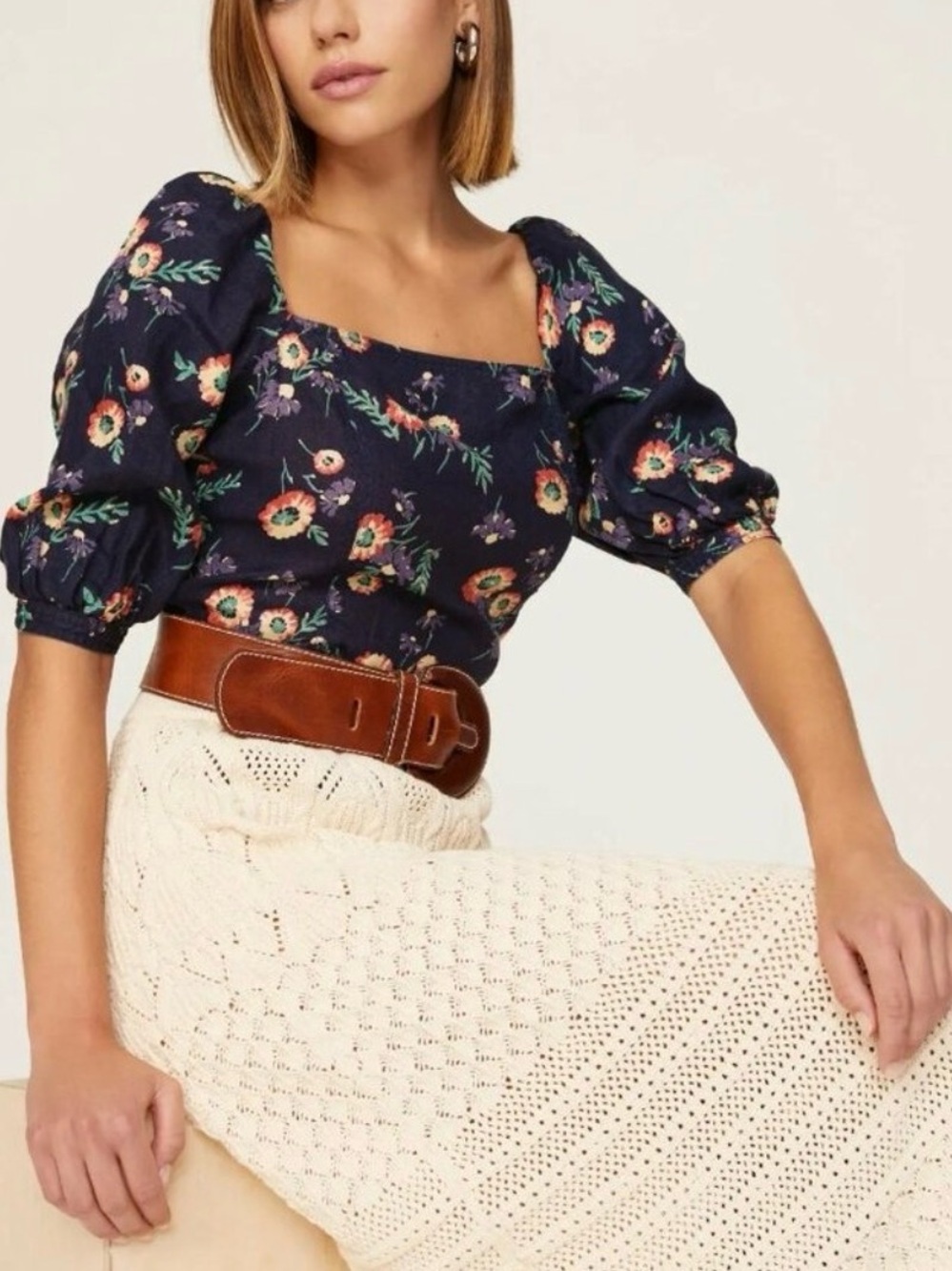 Ralph Lauren Navy Floral Square-Neck Puff Sleeve Blouse